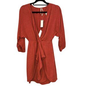 Anthropologie 3/4 Sleeve Faux Wrap Open Back Dress Rose